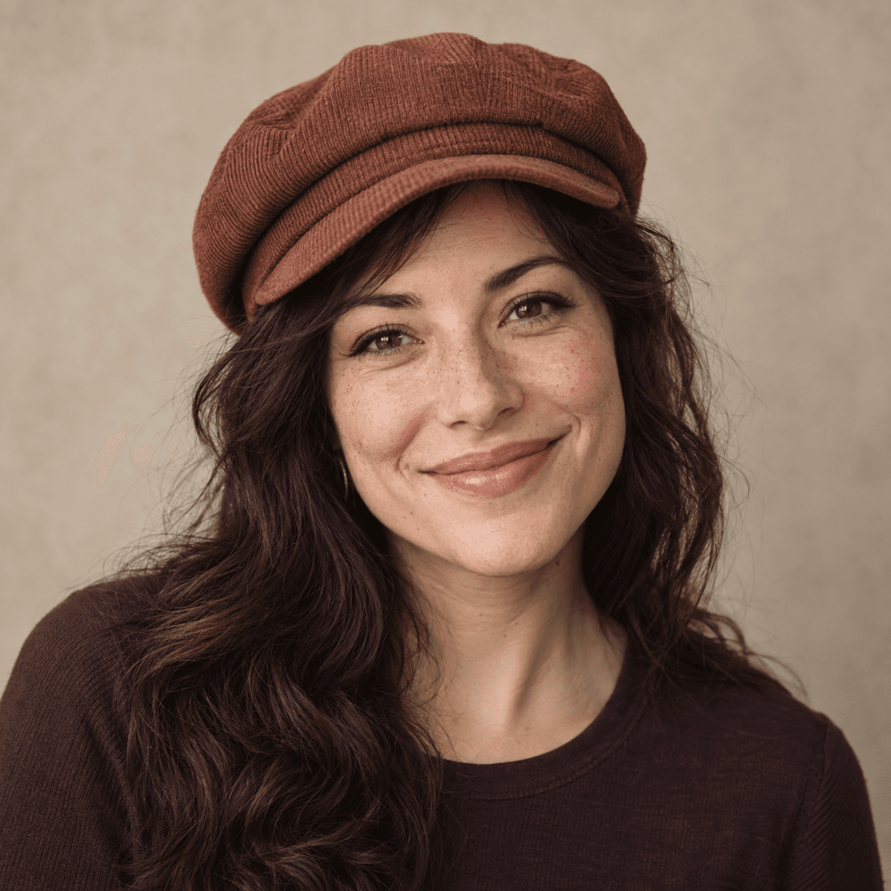 Alex, our fictional sample member, smiling in a clay-colored cap