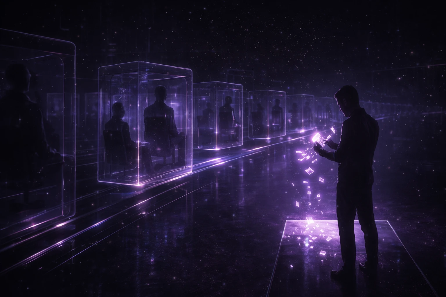 Two diverging futures of AI displacement — dystopia with UBI checks versus utopia with universal abundance — and a third path of individual agency rising through verified capability