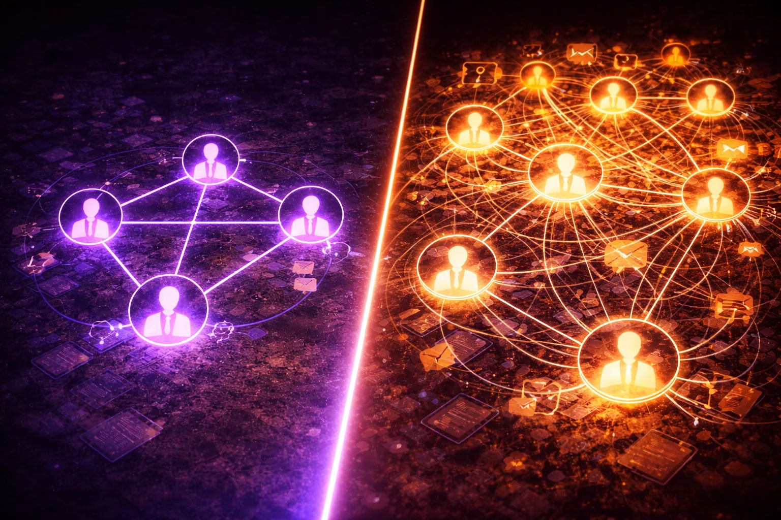 Coordination cost formula visualization showing why AI-native startups with 5-person teams outperform large organizations by generating $3.48M revenue per employee