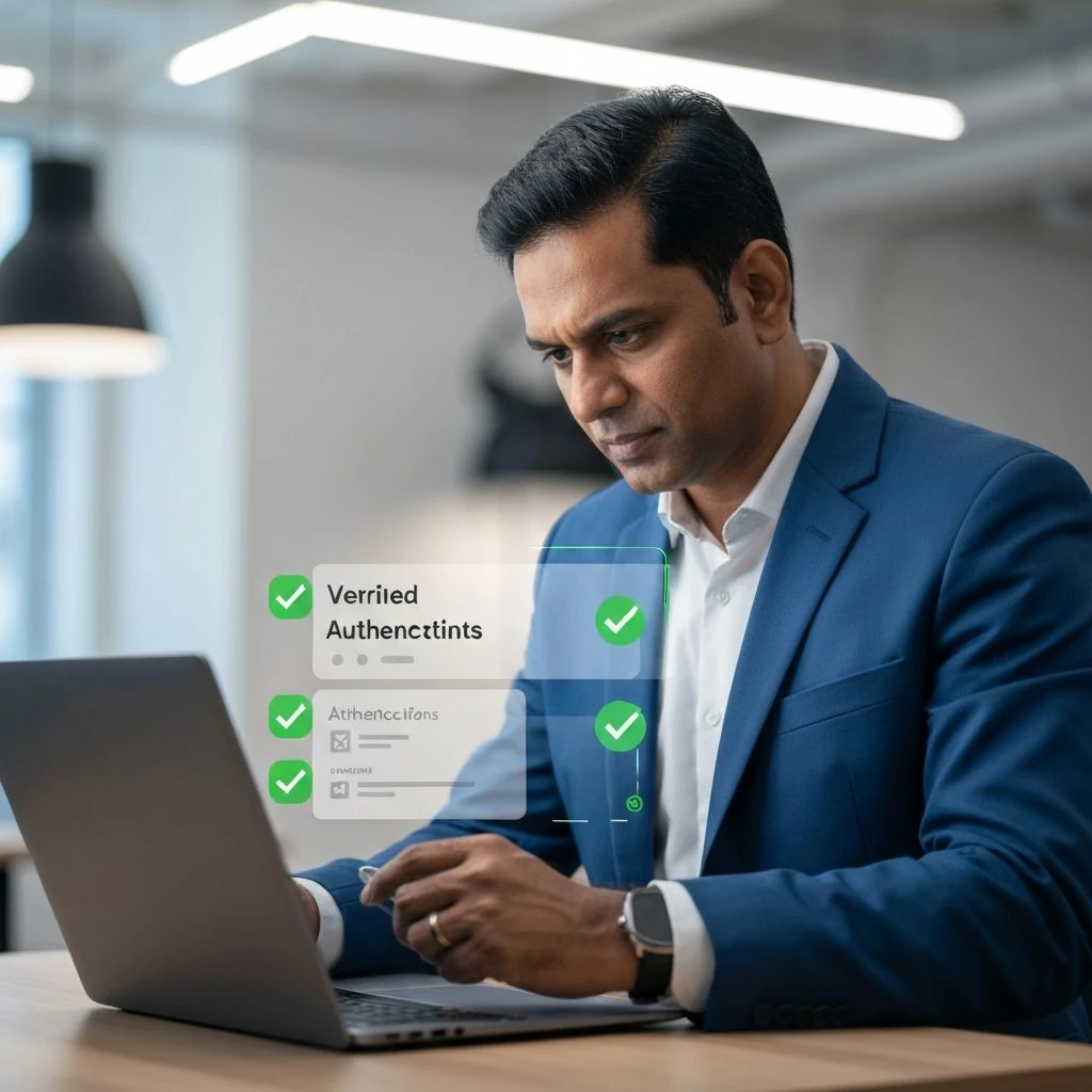 Professional reviewing portable verified credentials on a digital dashboard — replacing traditional resumes with cryptographic proof of skills and work history
