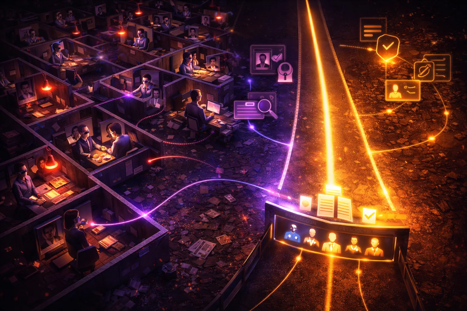 Visualization of the agentic AI verification crisis in modern hiring — showing how AI-generated applications overwhelm traditional ATS screening systems designed for human applicants